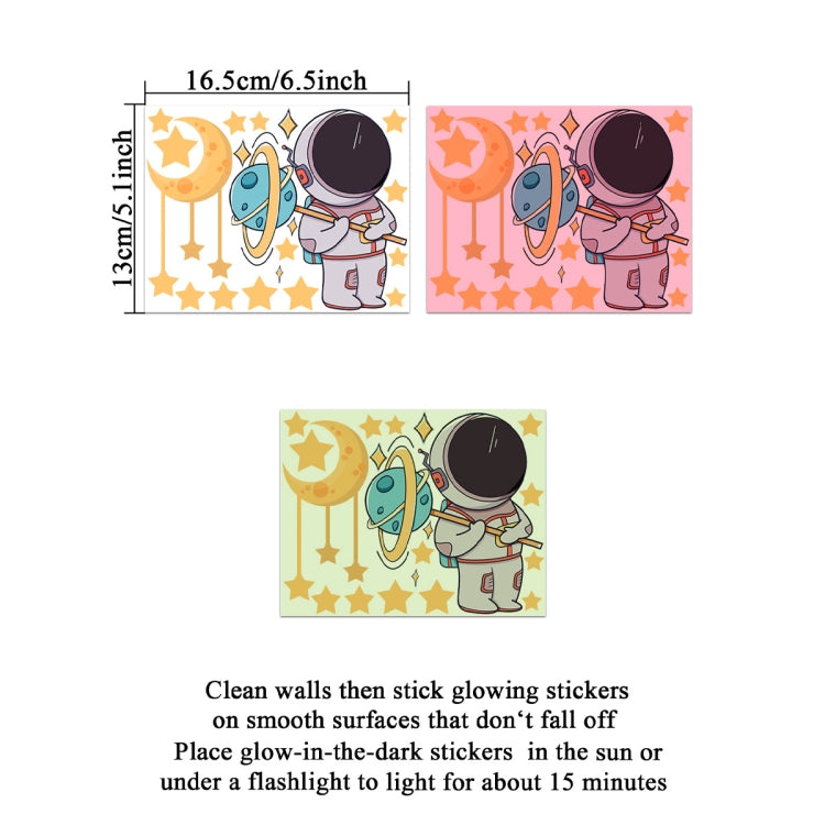 Glow astronaut and moon star sticker set with multiple sticker pieces and size guide
