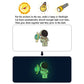 Instruction graphic: astronaut glow sticker charging in sun then glowing in the dark