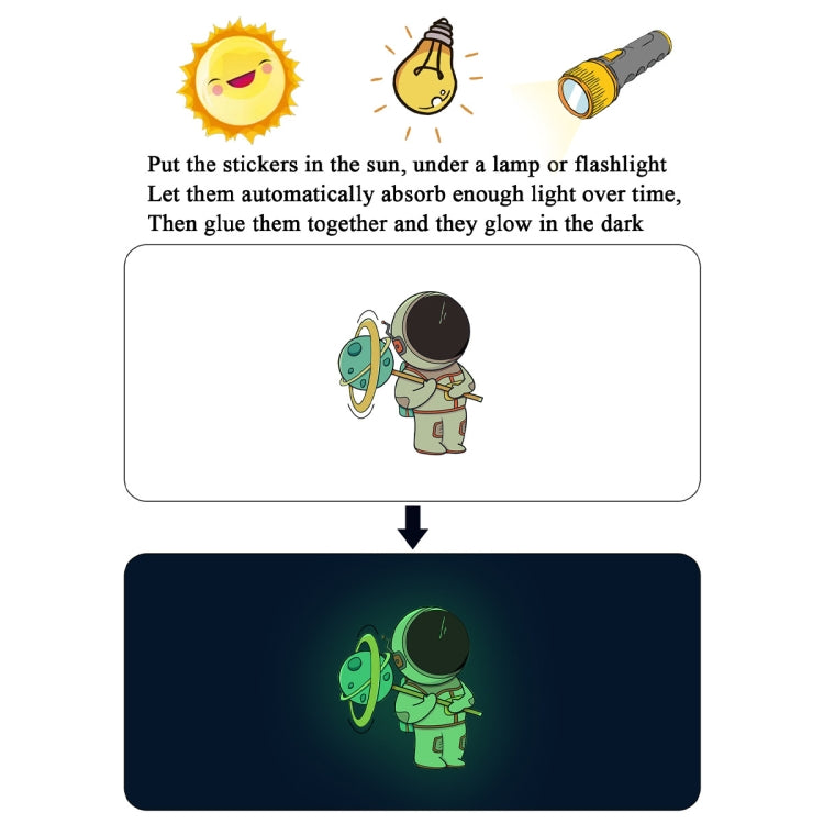 Instruction graphic: astronaut glow sticker charging in sun then glowing in the dark