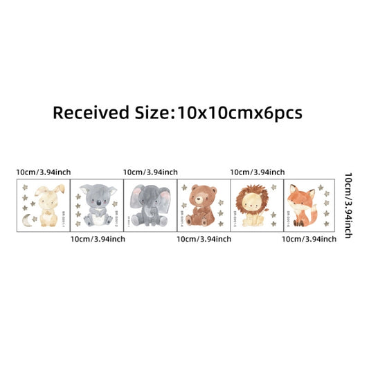 Cartoon animal switch sticker set shown on 10x10cm layout grid with six animals
