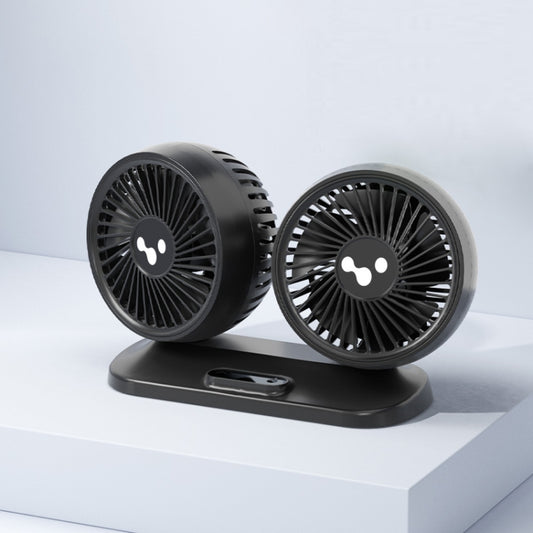 Double-head USB car fan with two black fan heads on a flat base stand