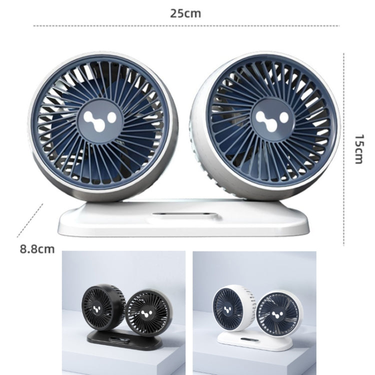 Compact double-head car fan with two round fan grilles on a white base stand