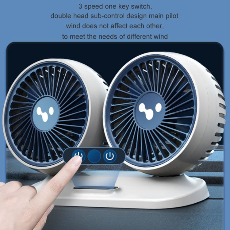 Double-head car fan with two front circular blades and base control buttons