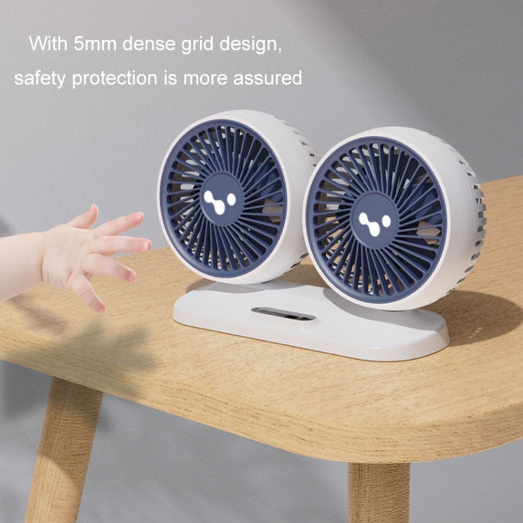 Double-head car fan with two circular fans on a white stand, dark grille