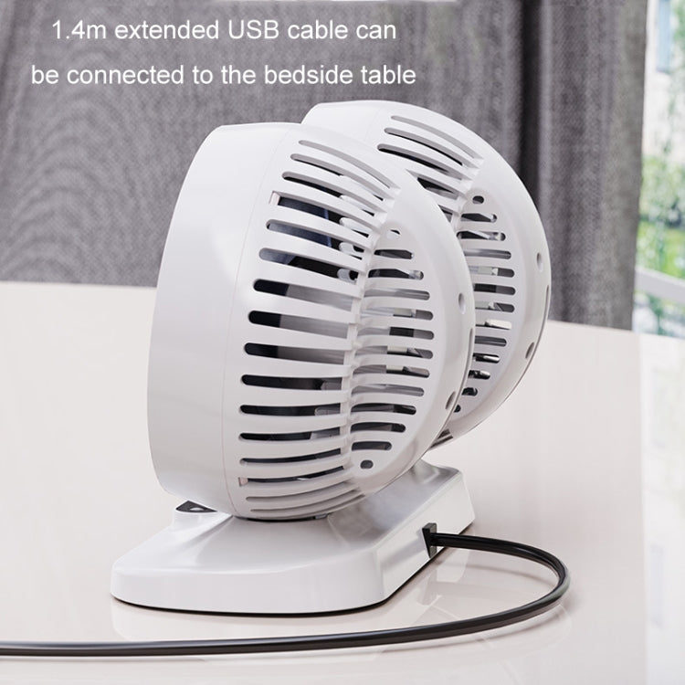 White double-head USB car fan on a small base with vented grille and cable
