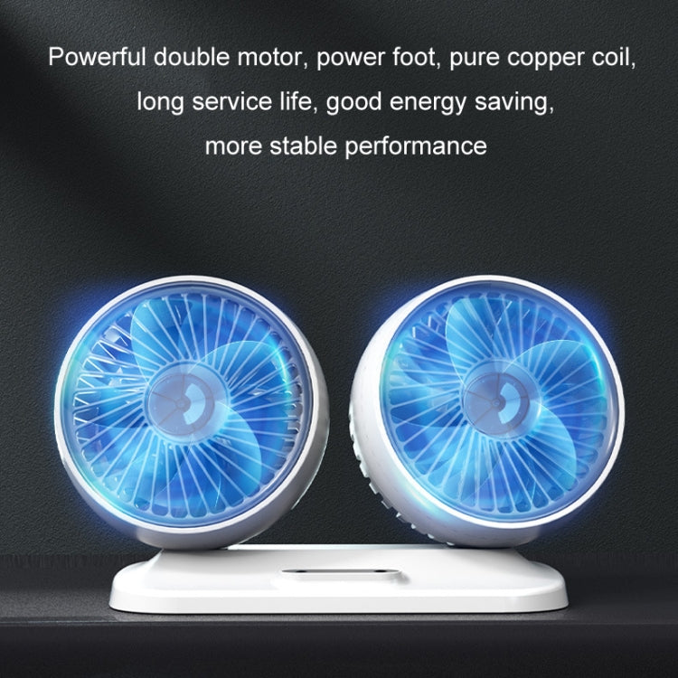 Double-head car fan with two illuminated fan rings on a white base stand