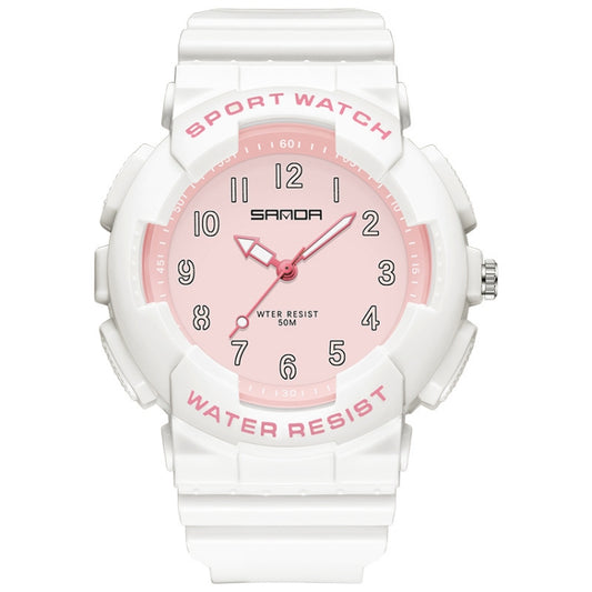 White round sporty waterproof student watch with luminous dial and silicone strap