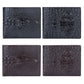 Men’s short wallet in dark crocodile-embossed texture, front and back views.