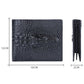 Men’s compact crocodile-print wallet with size view and side zipper pocket.