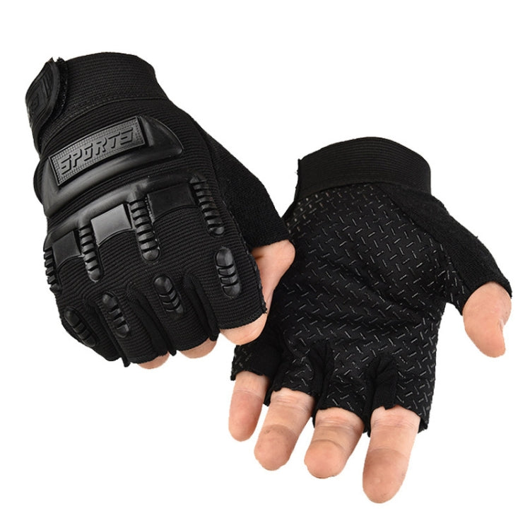 Children half-finger riding gloves, all-black padded palm and textured back