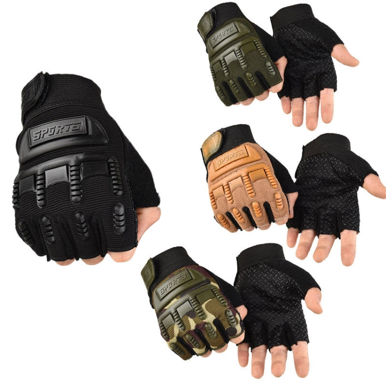 Fingerless half gloves set in black, olive camo, and tan with grippy textured palms