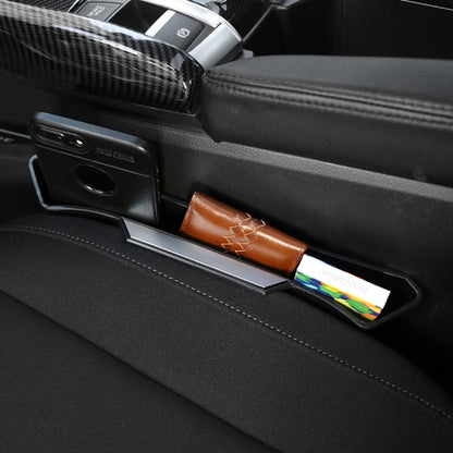 Car seat gap storage box with clip, black tray holding cards and small items