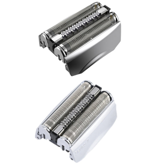 BRAUN electric shaver cutter head showing dual foil cylinders from two angles