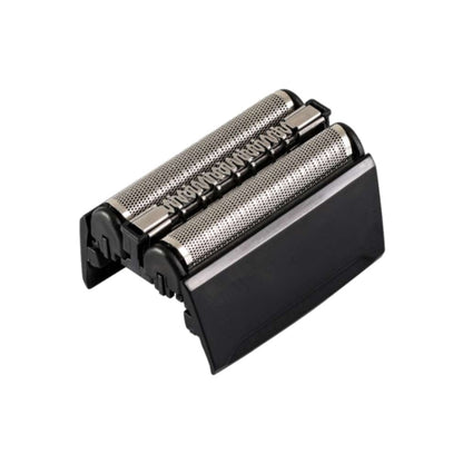 Replacement electric shaver head assembly with dual foil cutters in black housing.