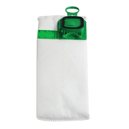 White nonwoven vacuum dust bag with green adapter clip and handle loop