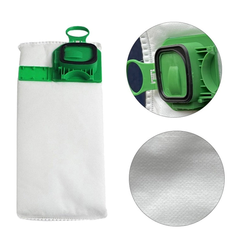 White nonwoven dust bag with green latch clip; close-up shows connector details