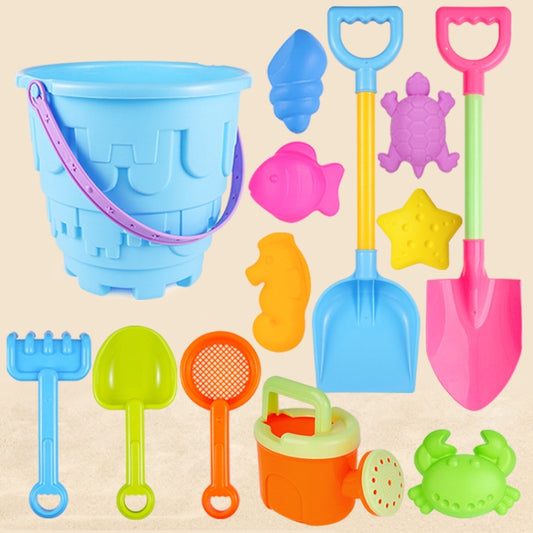 13pcs/Set Children Beach Toys Set Large Sand Shovel Bucket Sand Digging Tools Hourglass, Blue Round Castle, Pink Round Castle, Green Round Castle, Blue Lace Barrel, Pink Lace Barrel, Purple Lace Barrel, Blue Square Castle, Pink Square Castle           ...