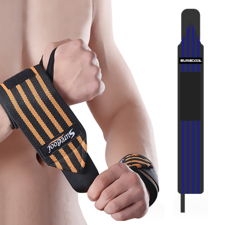 Black weightlifting wrist wrap with orange striped band and velcro closure