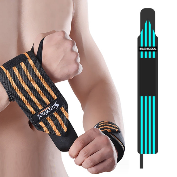 Black weightlifting wrist wrap with turquoise striped band and velcro closure