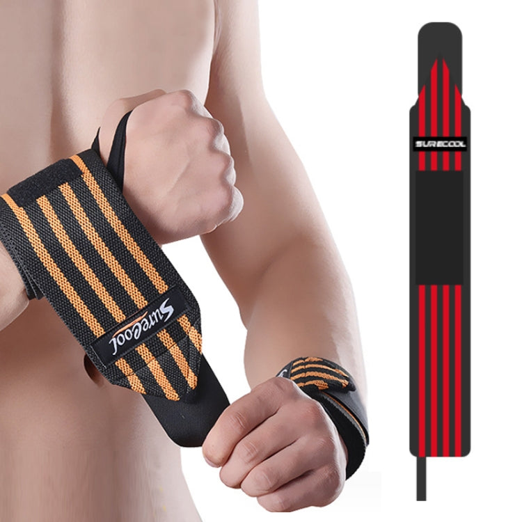 Black weightlifting wrist wrap with red striped band and velcro closure