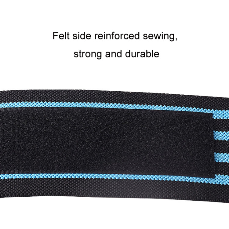 Close-up of black fabric wrist wrap with blue striped reinforced stitching