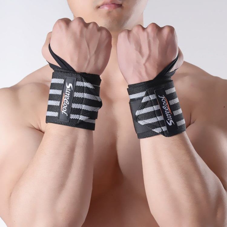 Pair of black weightlifting wrist wraps with white striped bands on wrists