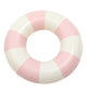 Inflatable child swimming ring, pink and white striped round float, front view