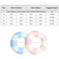 Inflatable swimming rings size chart with blue and pink striped ring diagrams
