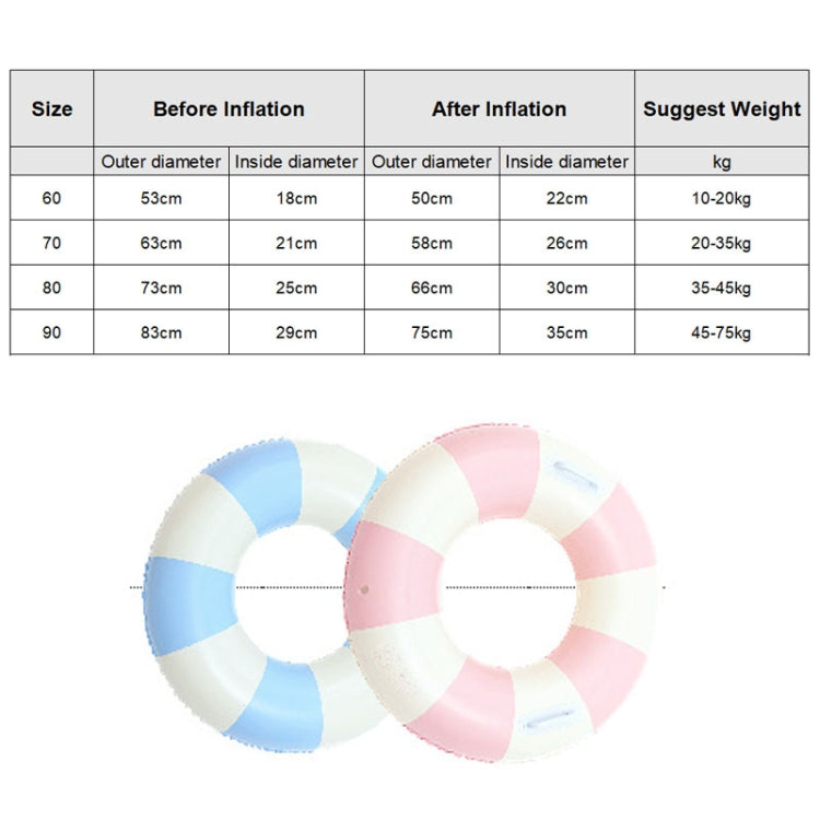 Inflatable swimming rings size chart with blue and pink striped ring diagrams