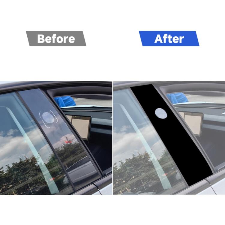 Installed black B-pillar decorative stickers on car glass with round white cutouts