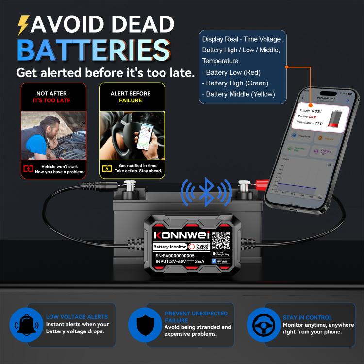 KONNWEI BK400 wireless battery monitor with smartphone showing battery voltage and alerts
