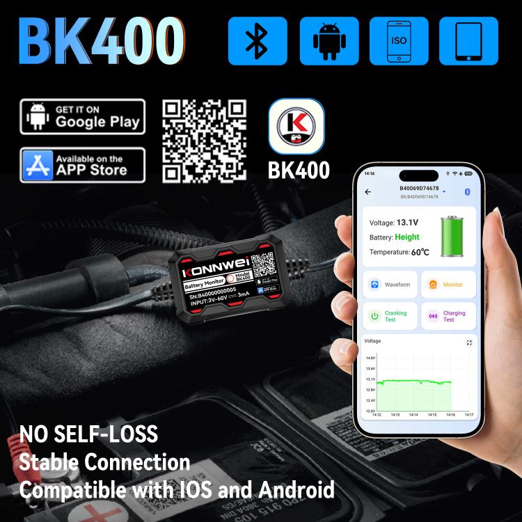 KONNWEI BK400 battery monitor with smartphone app screen and Bluetooth setup icons