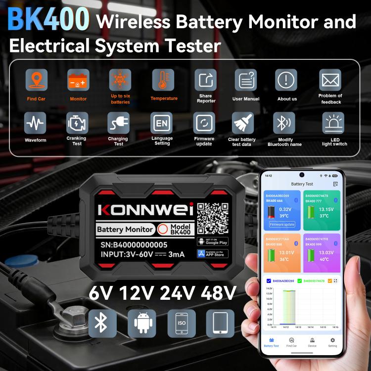 KONNWEI BK400 wireless battery monitor with phone app displaying battery test results