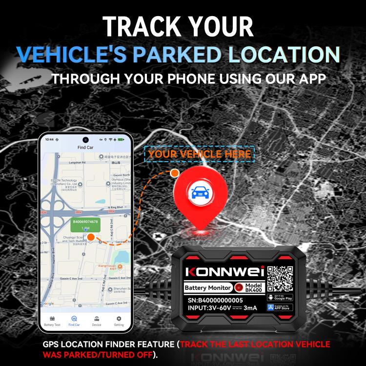 KONNWEI BK400 car battery monitor with GPS app-style phone for parked location feature