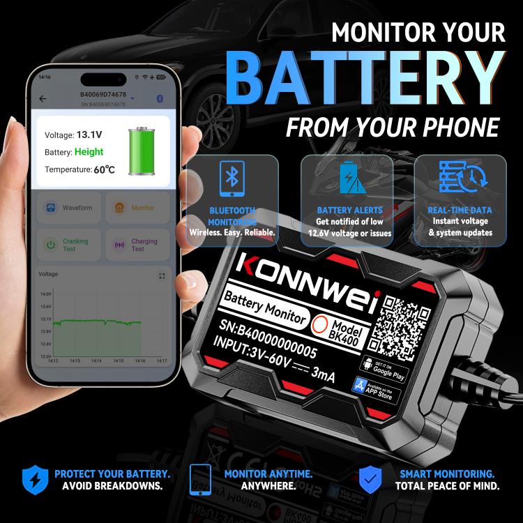 KONNWEI BK400 battery monitor device connected to a phone via Bluetooth