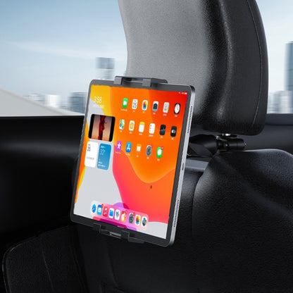 Car headrest tablet holder with plastic clamp arm and black screen mount