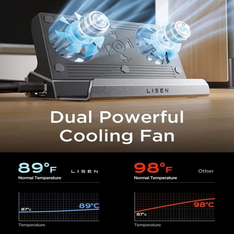 Dual cooling fan console dock stand with vented fan grill on base