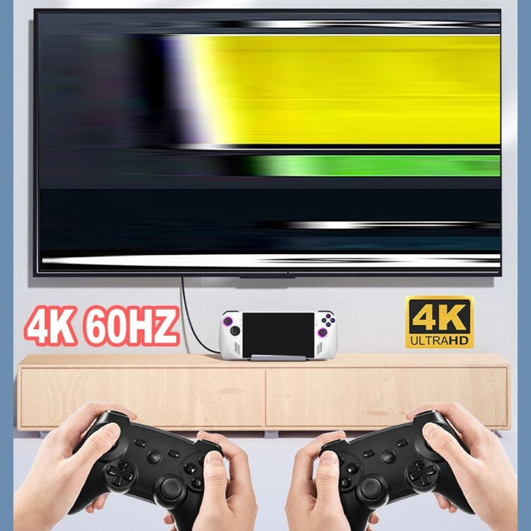 Console docking stand with controllers on screen above the device for 4K display