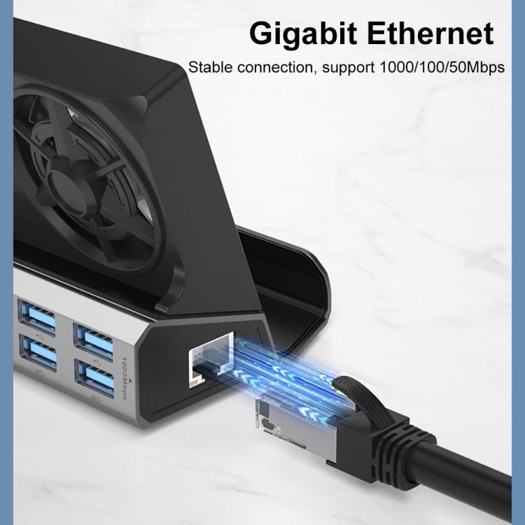 Docking station with blue-lit Ethernet port and multiple USB outlets on side
