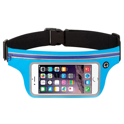 Blue sports cell phone waist pack with clear touch screen window and adjustable strap