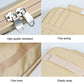 Beige sun visor storage bag close-up: metal zipper pulls, stitched interior, elastic strap