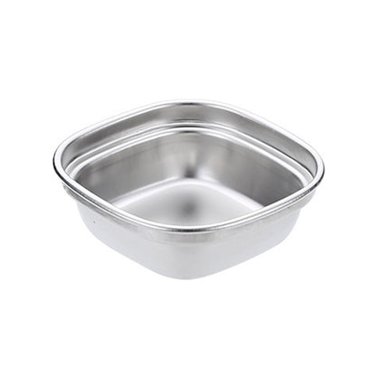 Single silver stainless steel square sauce dish with rounded corners and smooth interior