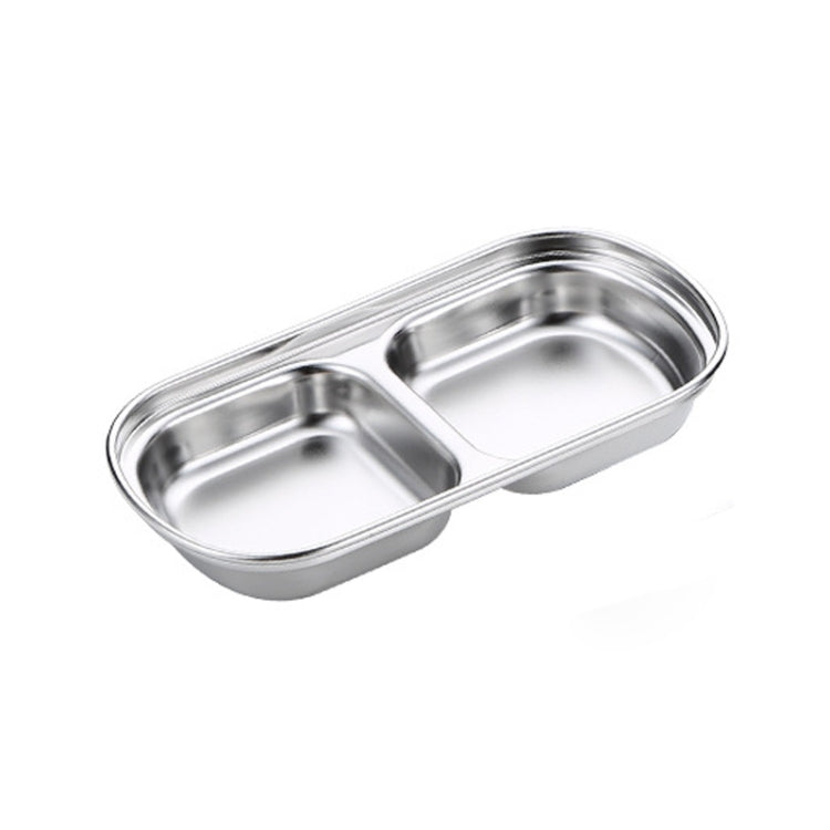 Two-compartment silver stainless steel square sauce dish tray for dipping sauces