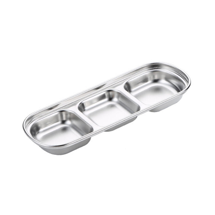 Three-compartment silver stainless steel square sauce dish tray with separated wells