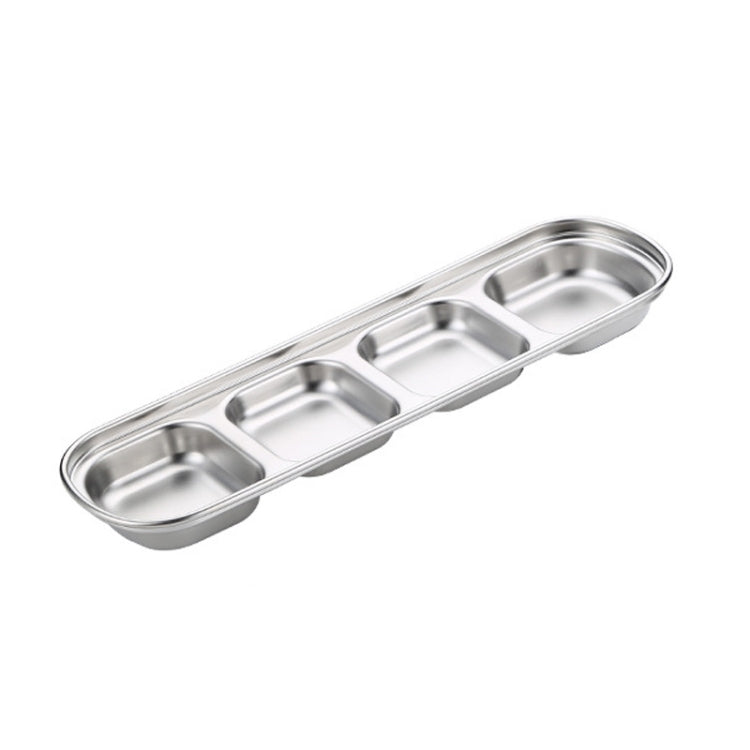 Four-compartment silver stainless steel square sauce dish tray with four divided wells