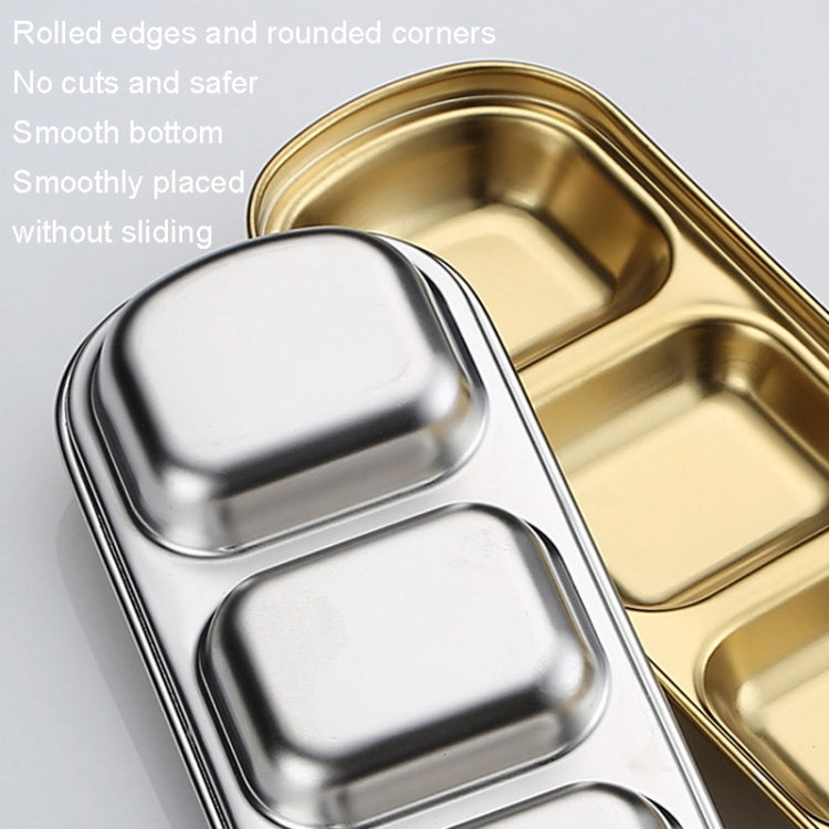 Gold stainless steel sauce dish tray with rounded edges and smooth, non-slip base
