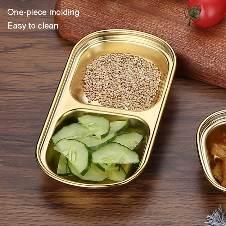 Gold square stainless steel condiment tray with two side-by-side compartments