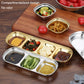 Gold stainless steel square condiment tray with four compartments and one silver tray