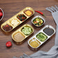 Gold and silver square stainless steel condiment trays with divided compartments