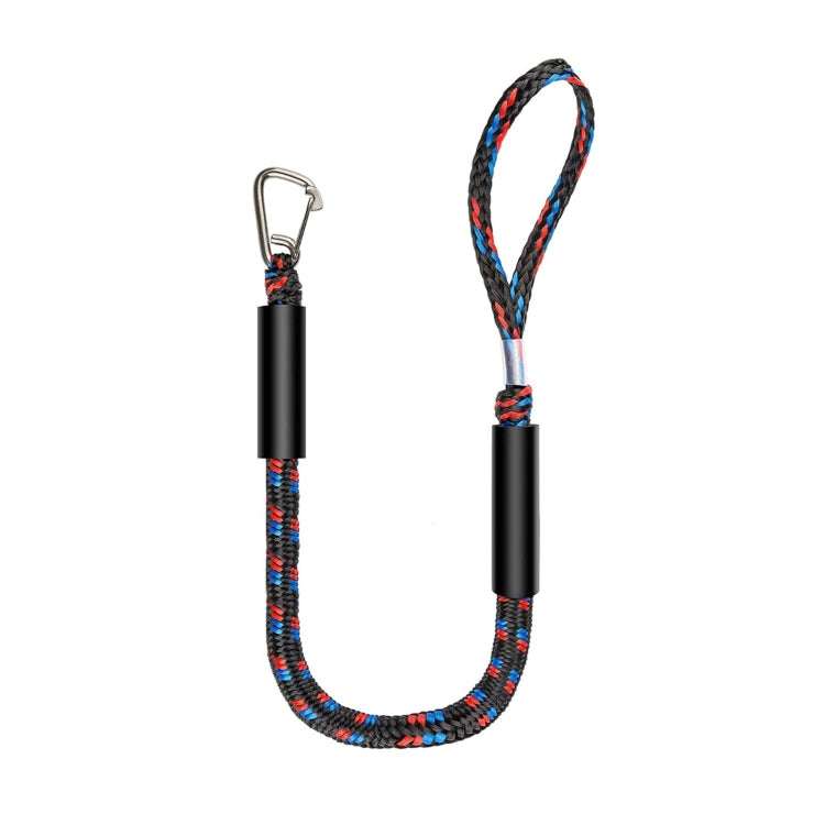 Black braided bungee dock line with two stainless steel hooks and loop ends